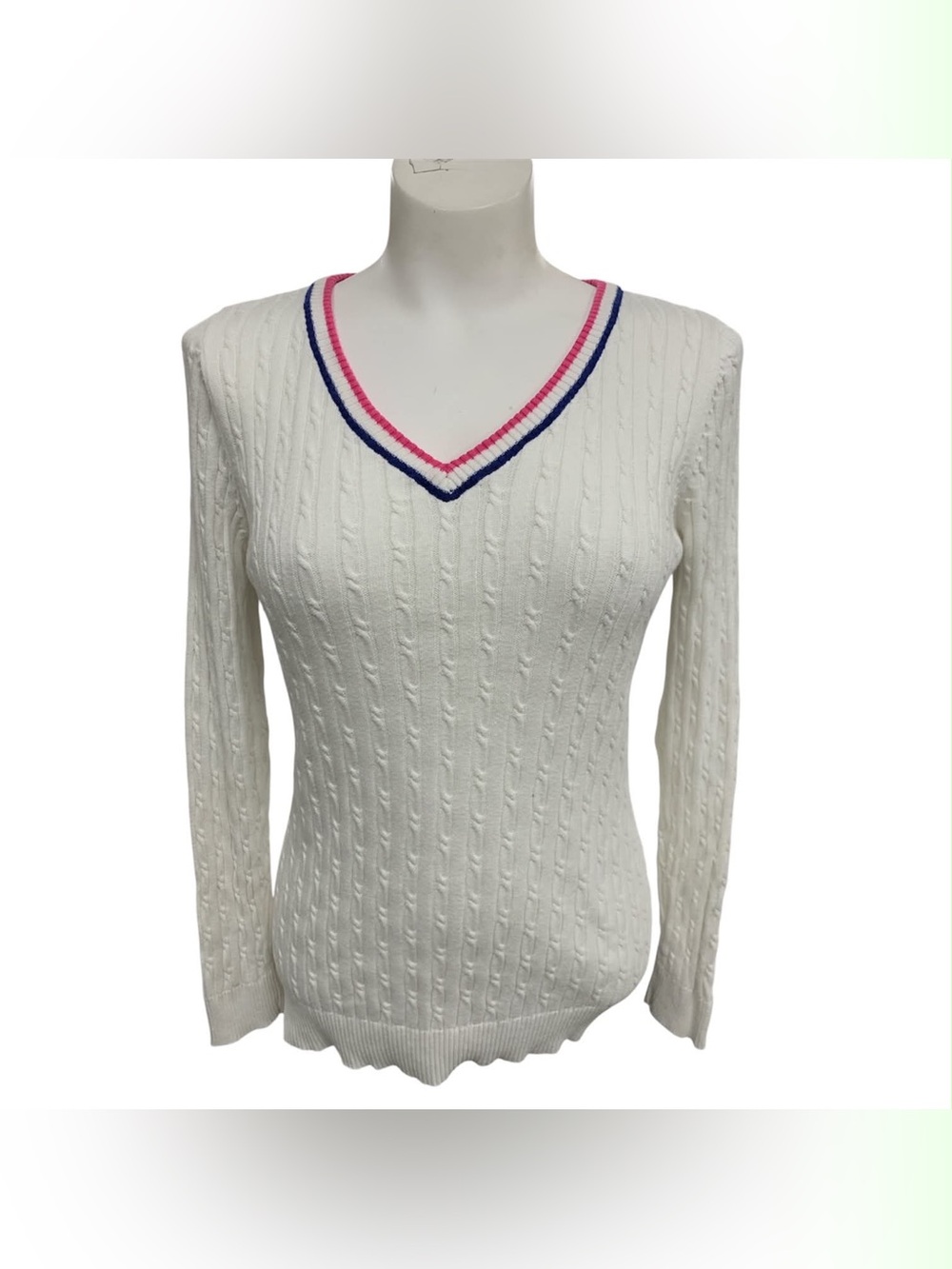 Caribbean Joe White Cable-Knit V-Neck Sweater with Pink & Navy Trim Size M